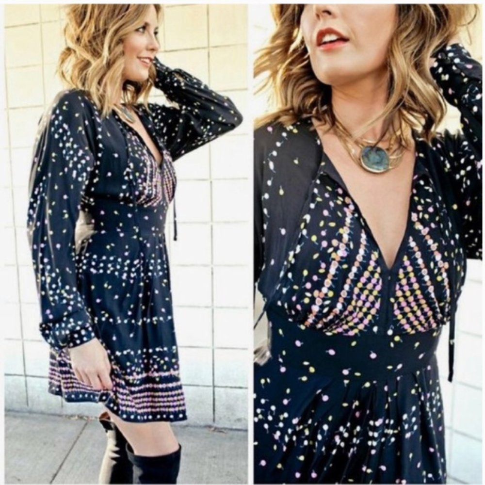 Free People Black Print Long Sleeve Dress
